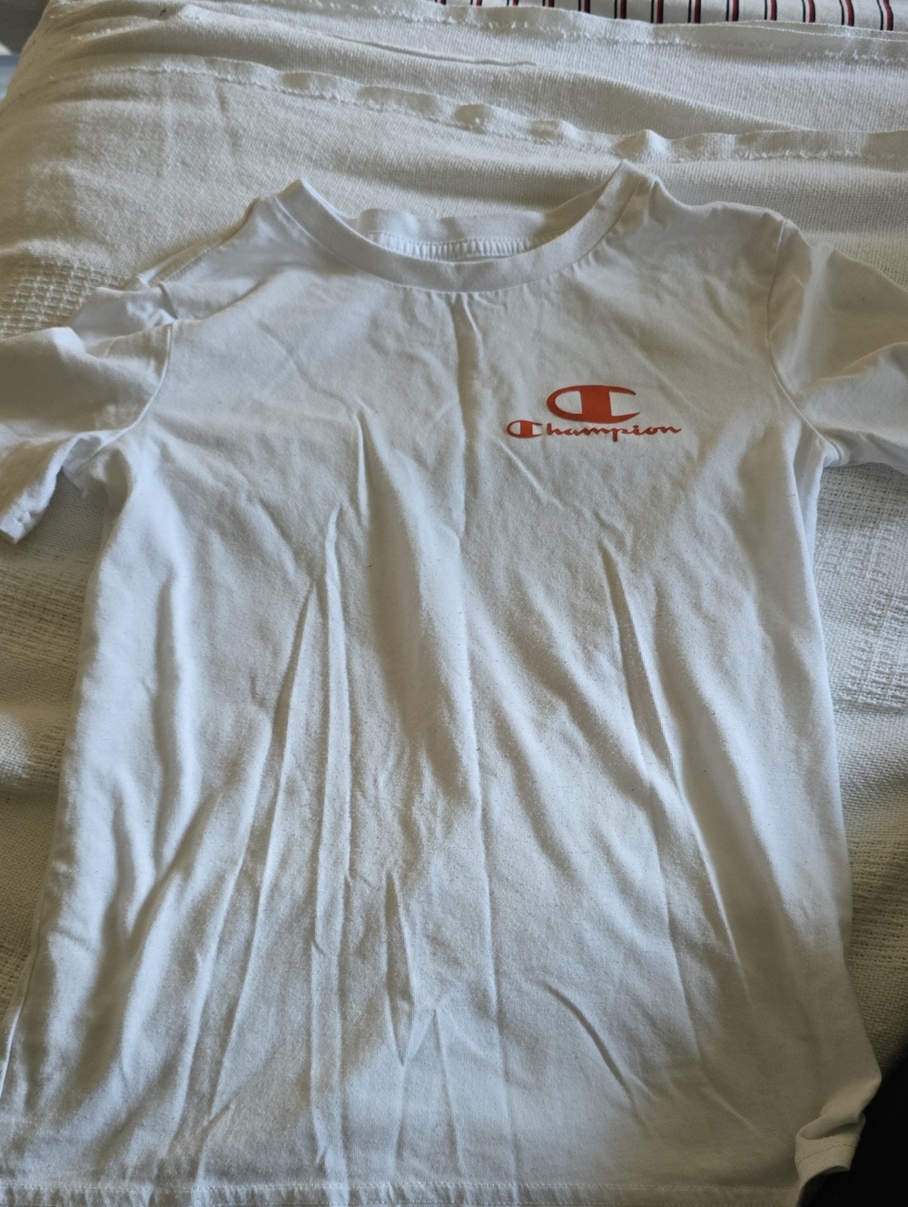 Champion White Short Sleeve Tee with Orange Logo